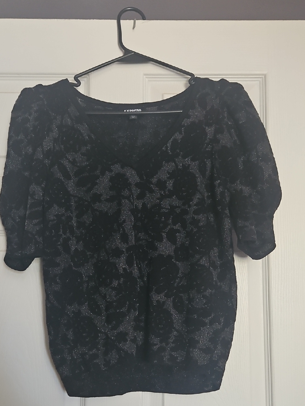 Express Black Knit Top with Shimmery Floral Detail